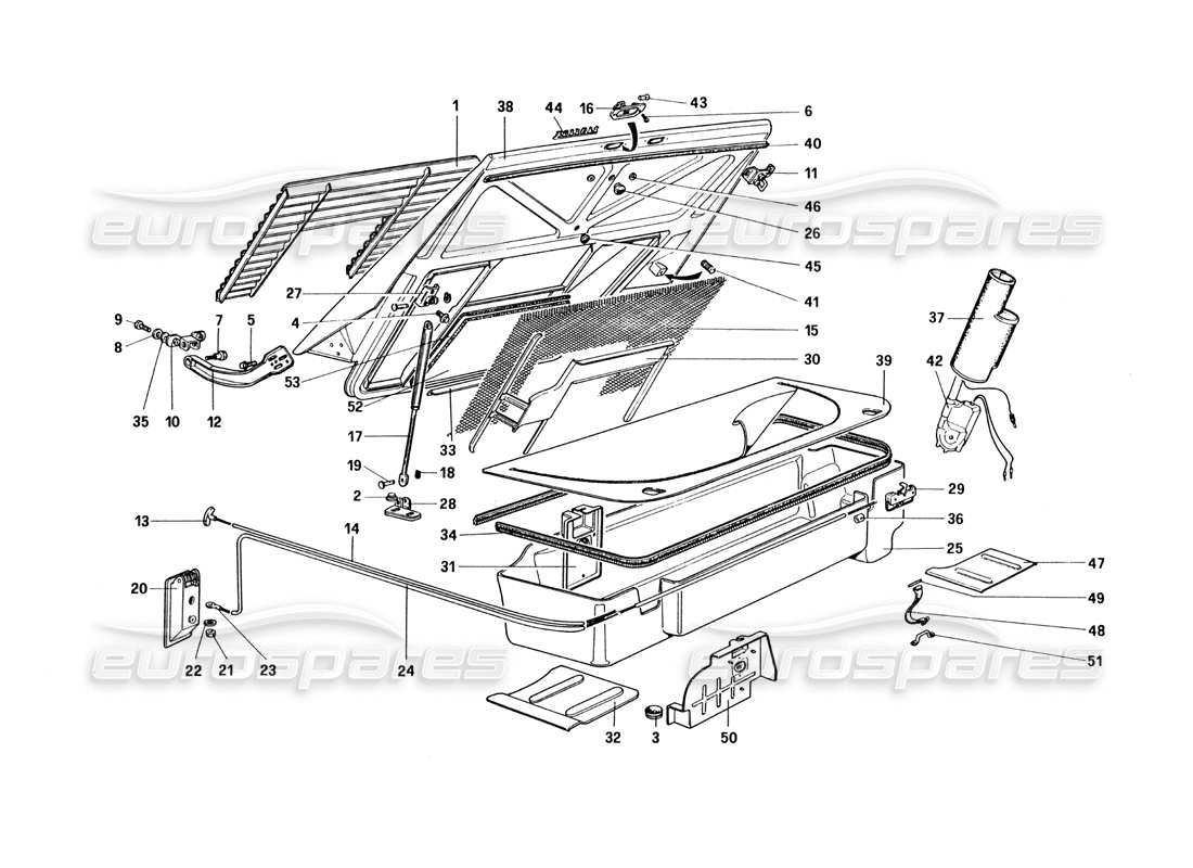 ferrari 328 (1985) rear bonnet and luggage compartment covering parts diagram