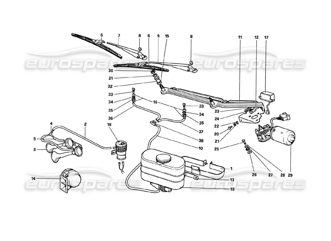 ferrari 308 gtb (1980) windshield wiper, washer and horn (variants for rhd - aus versions) parts diagram