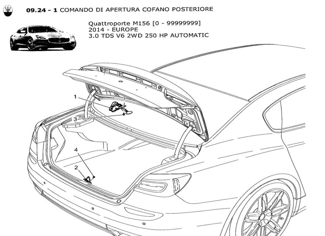 maserati qtp. v6 3.0 tds 250bhp 2014 rear lid opening control parts diagram