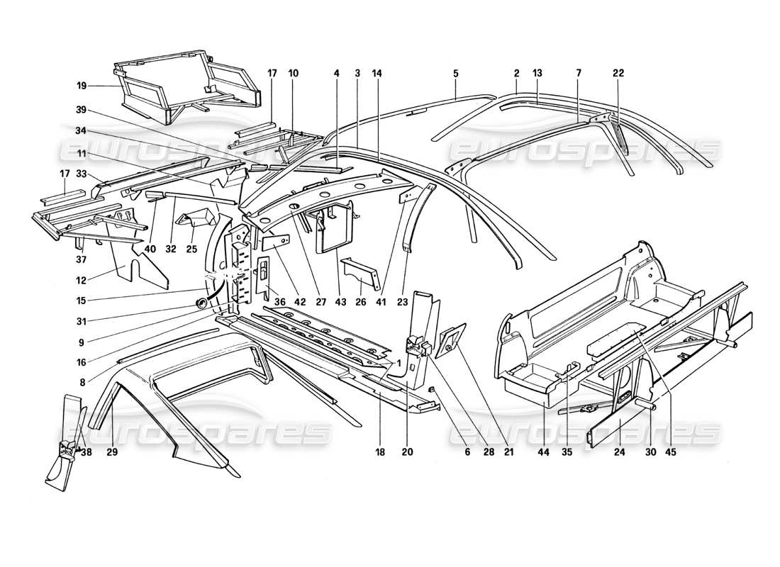 ferrari 328 (1985) body shell - inner elements (not for u.s. and sa version) parts diagram