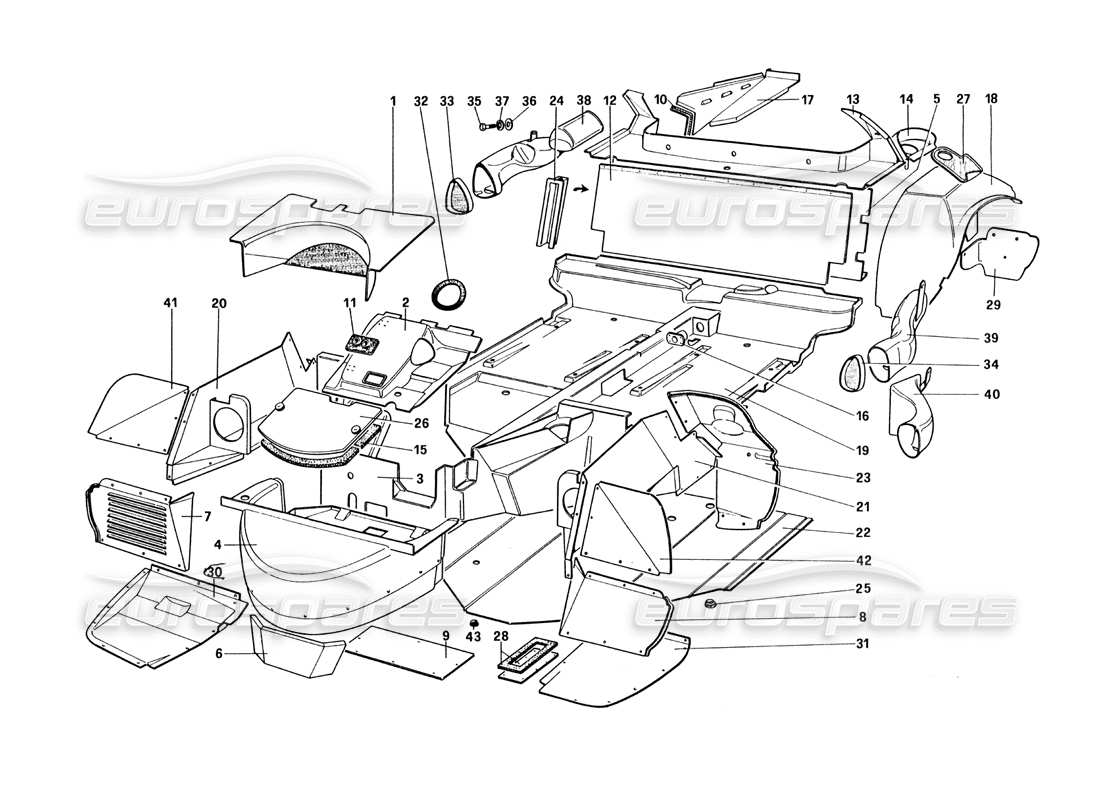 ferrari 328 (1985) body shell - inner elements parts diagram