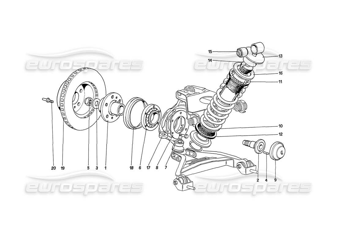 ferrari 208 turbo (1989) front suspension - shock absorber and brake disc (up to car no. 76625) parts diagram