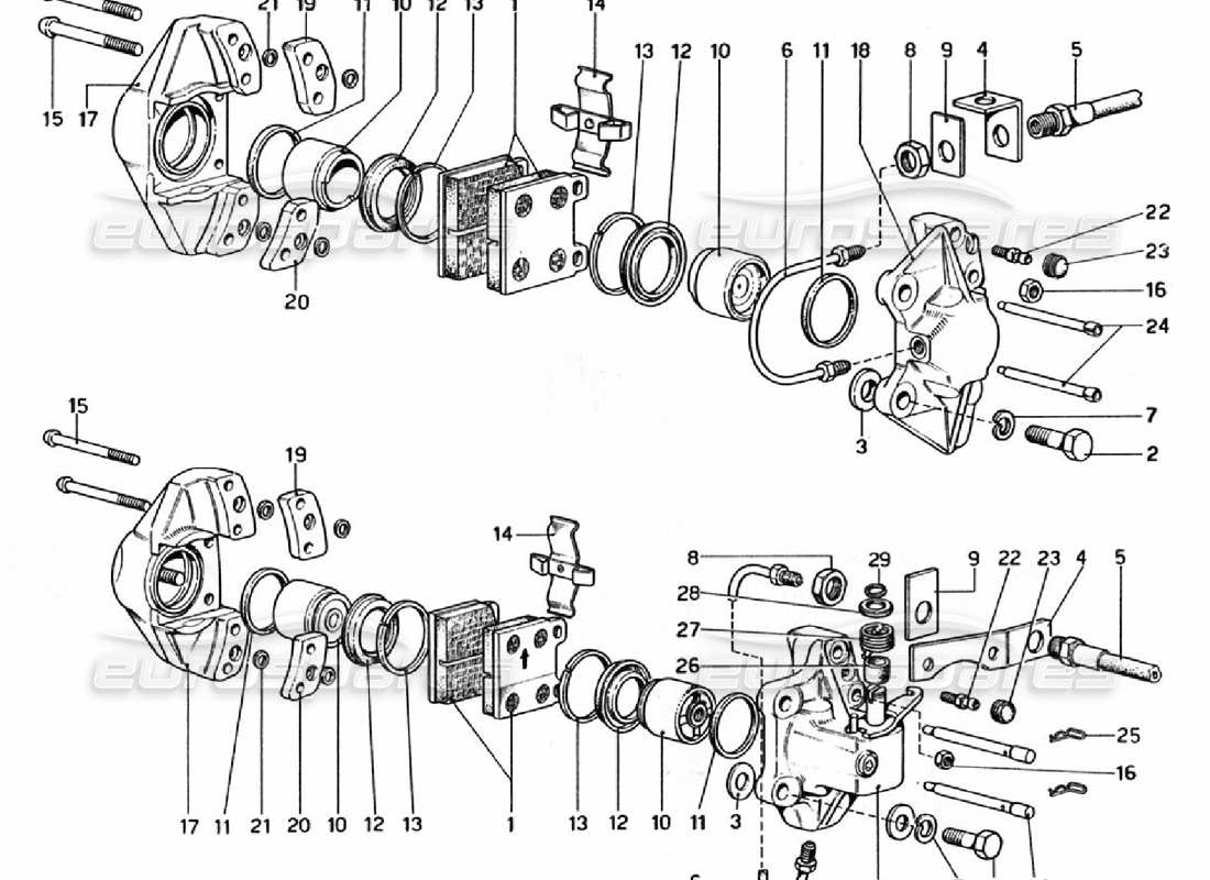 ferrari 308 gtb (1976) calipers for front and rear brakes parts diagram