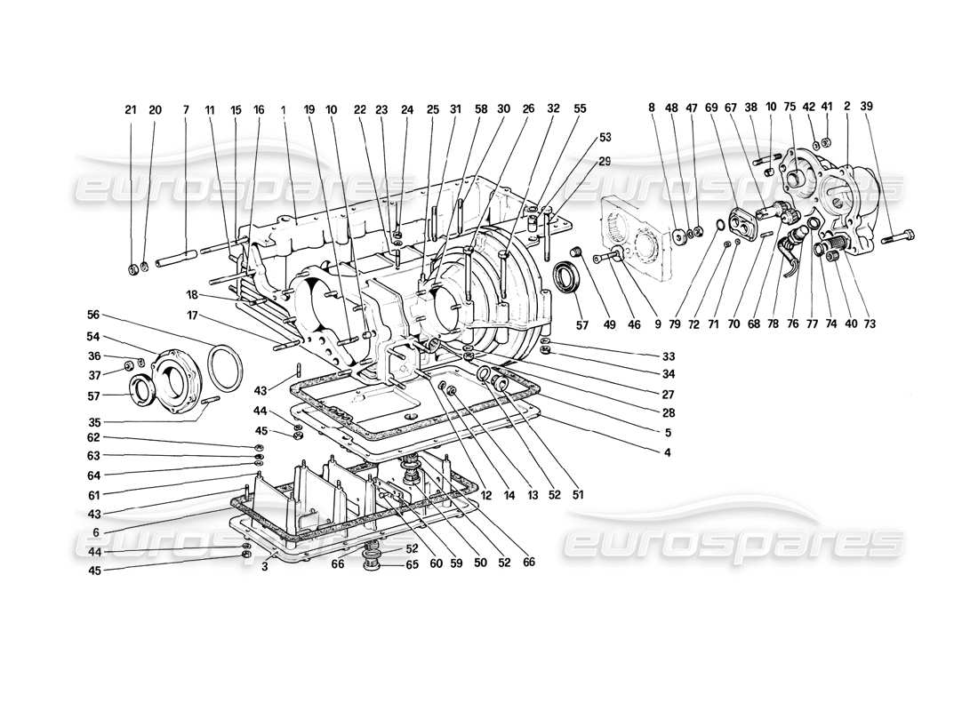 ferrari 308 (1981) gtbi/gtsi gearbox - differential housing and oil sump parts diagram