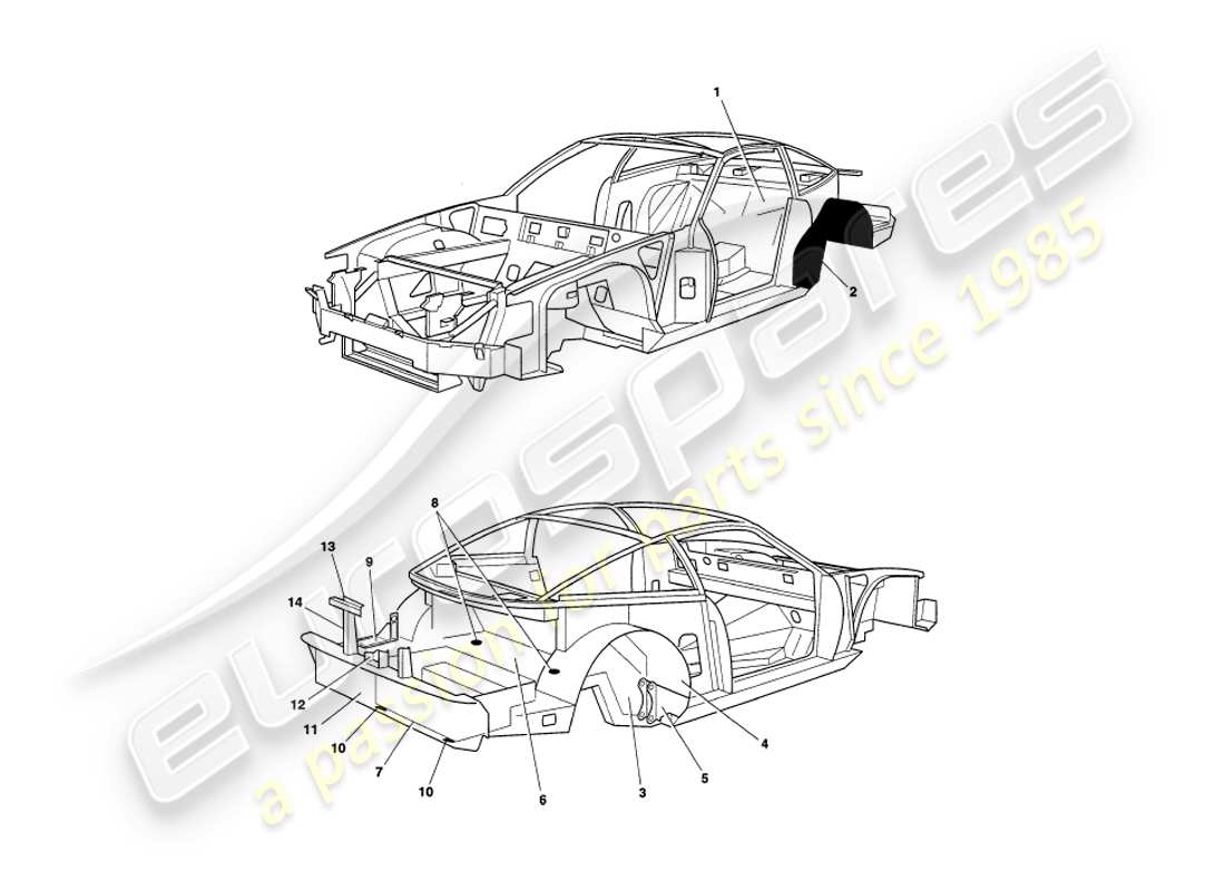 aston martin v8 coupe (2000) chassis panels part diagram