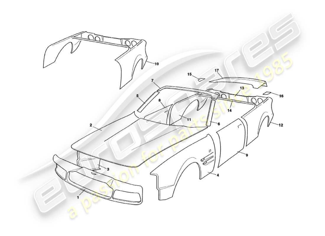 aston martin v8 volante (2000) body panels part diagram