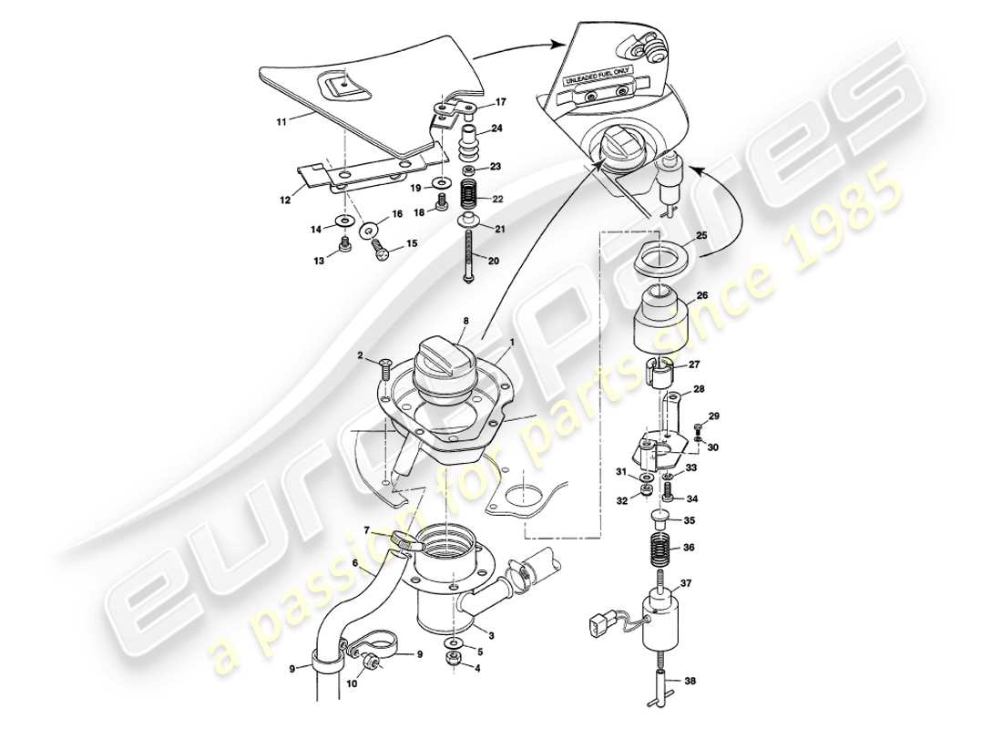 aston martin v8 volante (2000) fuel filler flaps part diagram