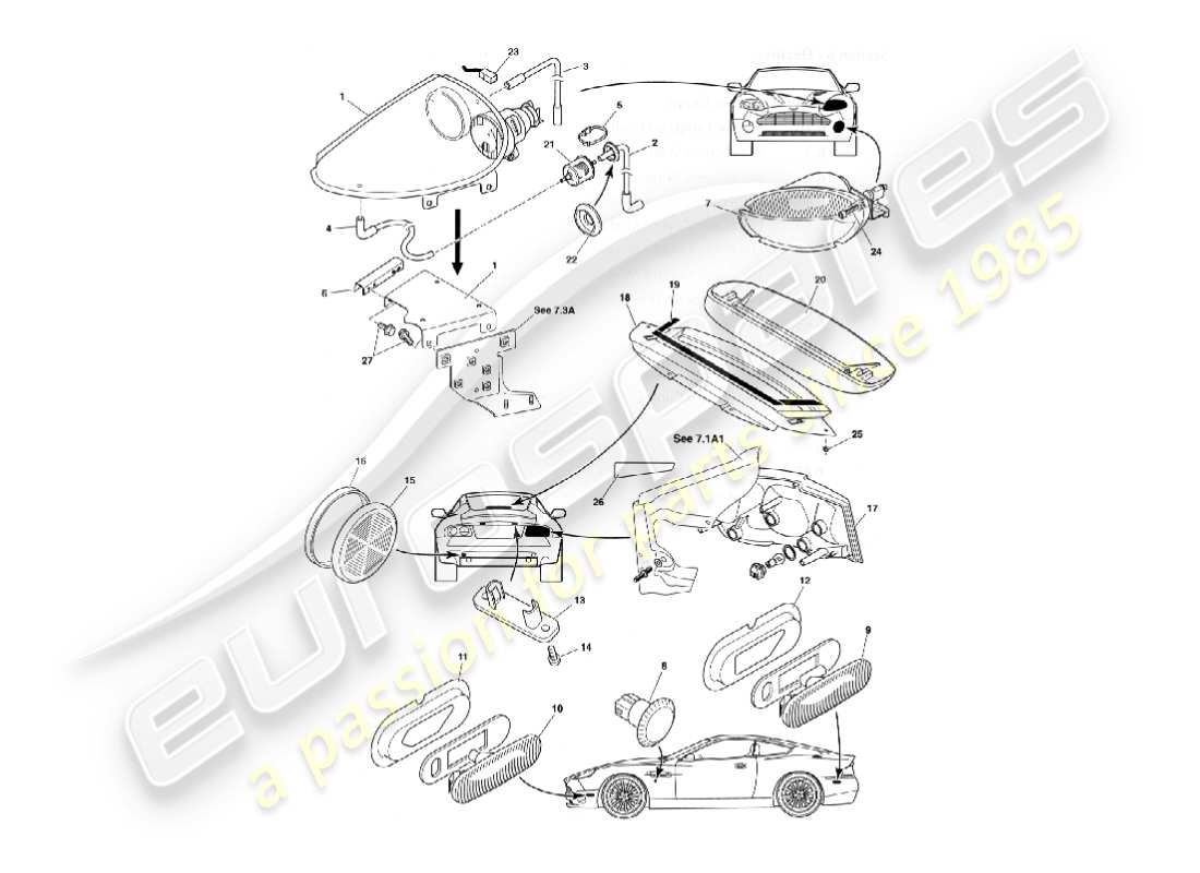 aston martin vanquish (2005) exterior lamps part diagram