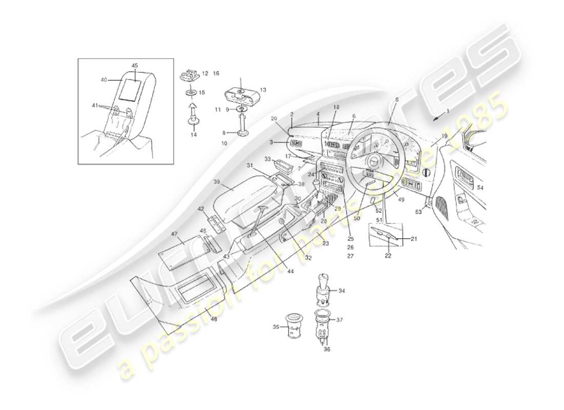 aston martin v8 virage (1999) interior fittings, fascia & centre console part diagram