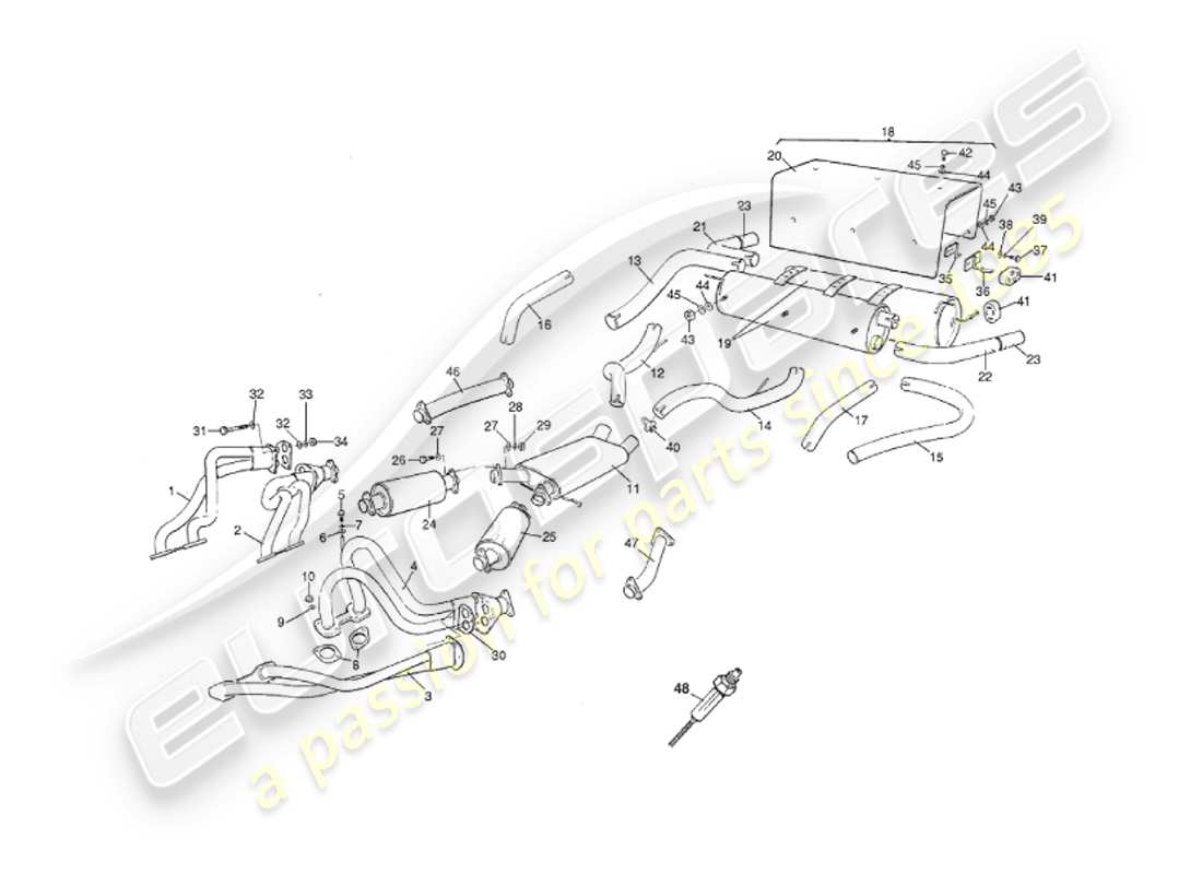 aston martin v8 virage (1999) exhaust system, early cars part diagram