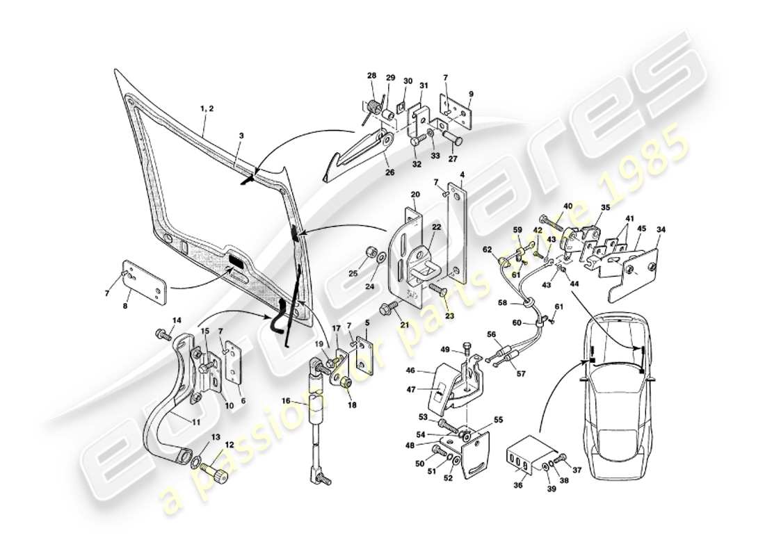 aston martin v8 coupe (1999) bonnet part diagram