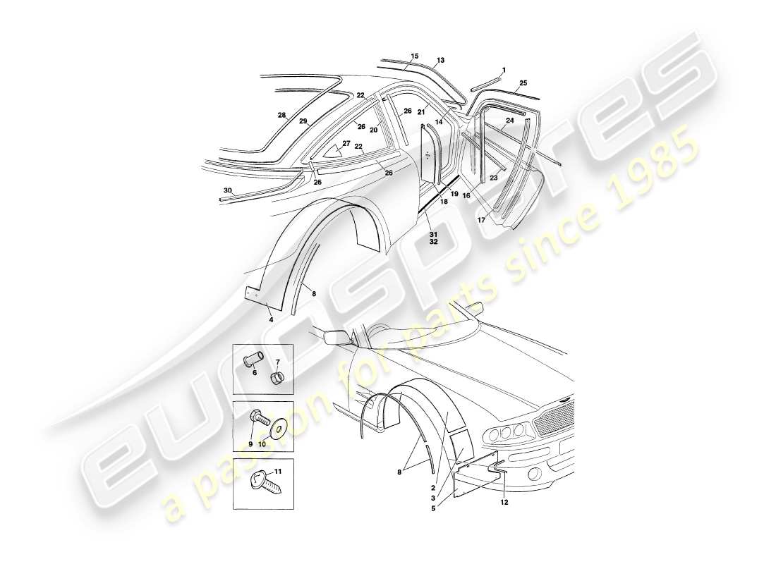 aston martin v8 coupe (2000) weather seals part diagram