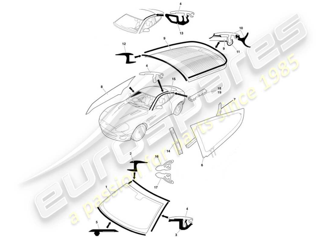 aston martin vanquish (2001) glass & finishers part diagram