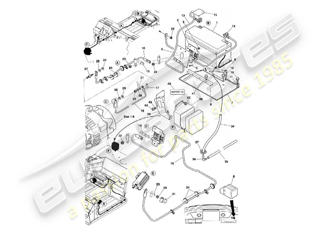 aston martin vanquish (2005) battery & cables part diagram