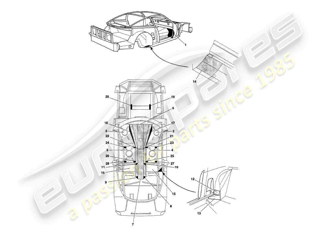 aston martin v8 coupe (1999) chassis panels part diagram