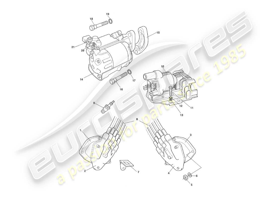 aston martin v8 virage (2000) ignition coil, distributor & starter motor part diagram