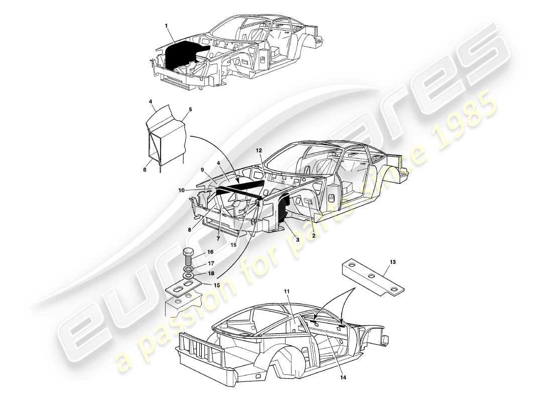 aston martin v8 coupe (1999) chassis panels part diagram