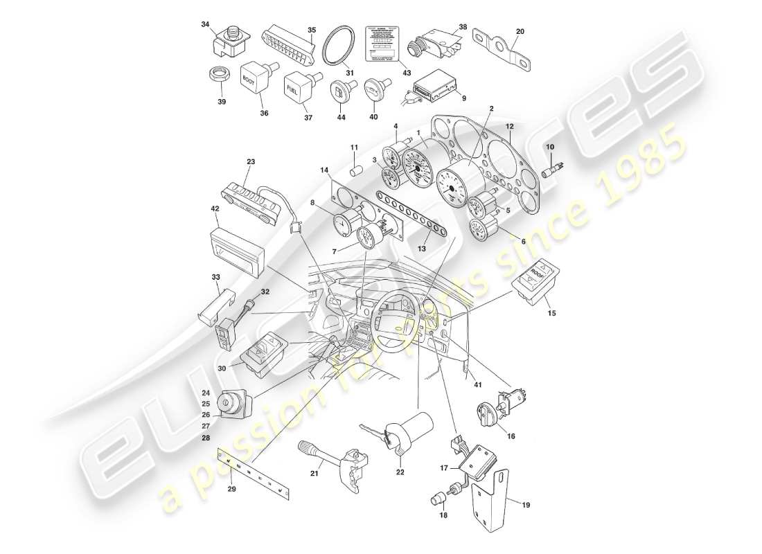 aston martin v8 virage (2000) instruments & controls part diagram