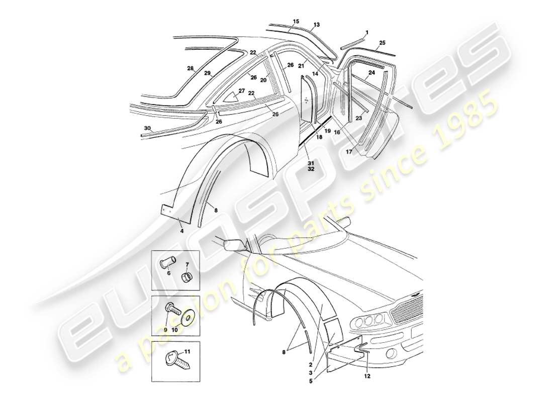 aston martin v8 coupe (1999) weather seals part diagram