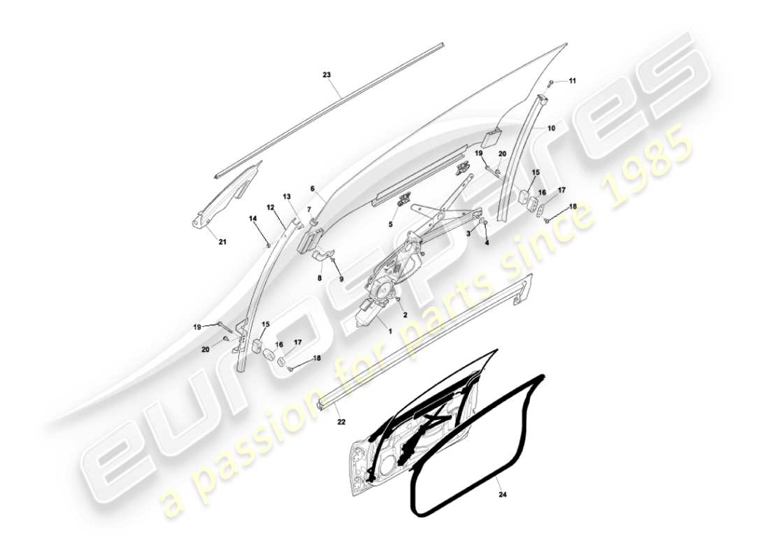 aston martin vanquish (2005) door glass & frames part diagram