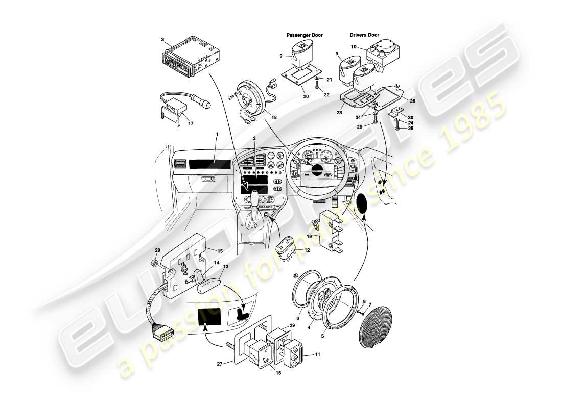 aston martin v8 volante (1997) instruments & controls part diagram