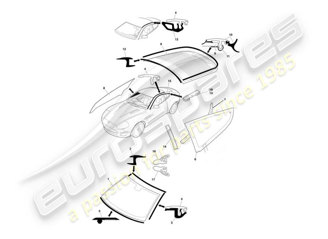 aston martin vanquish (2005) glass & finishers part diagram