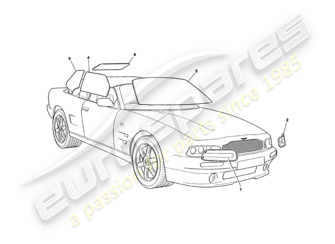 aston martin v8 volante (1997) glass part diagram