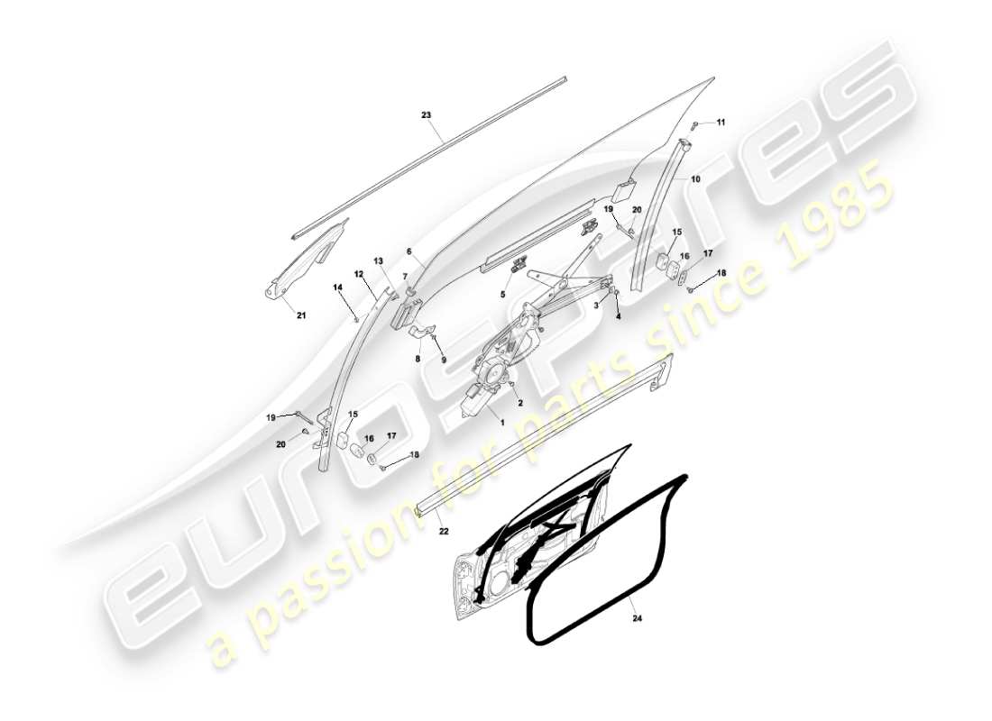 aston martin vanquish (2006) door glass & frames part diagram