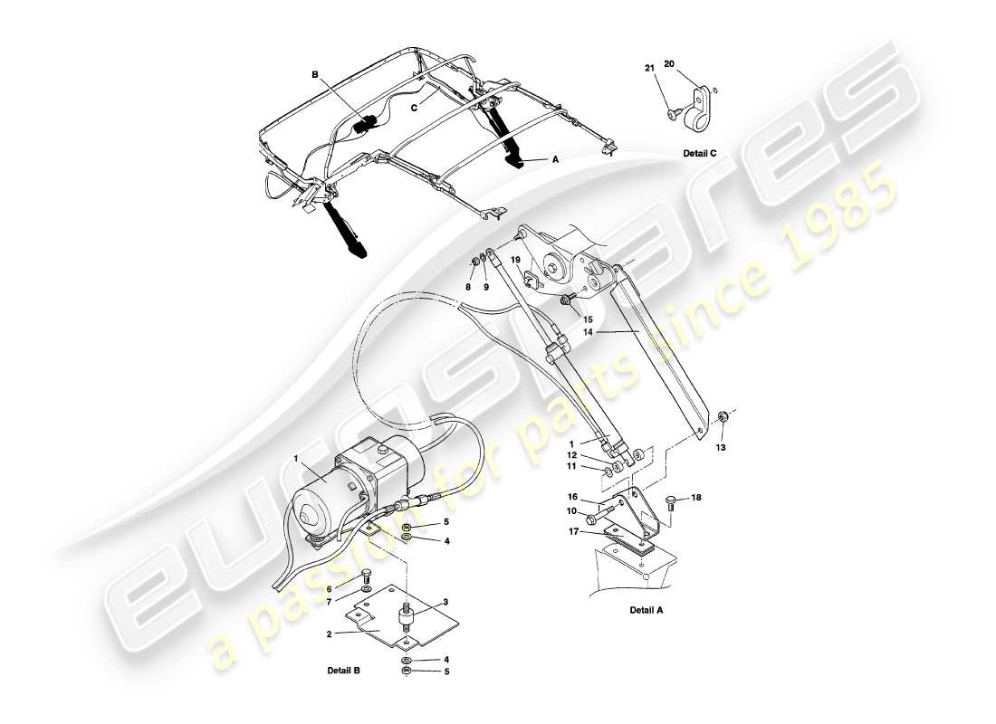 aston martin v8 volante (1999) hood hydraulics part diagram