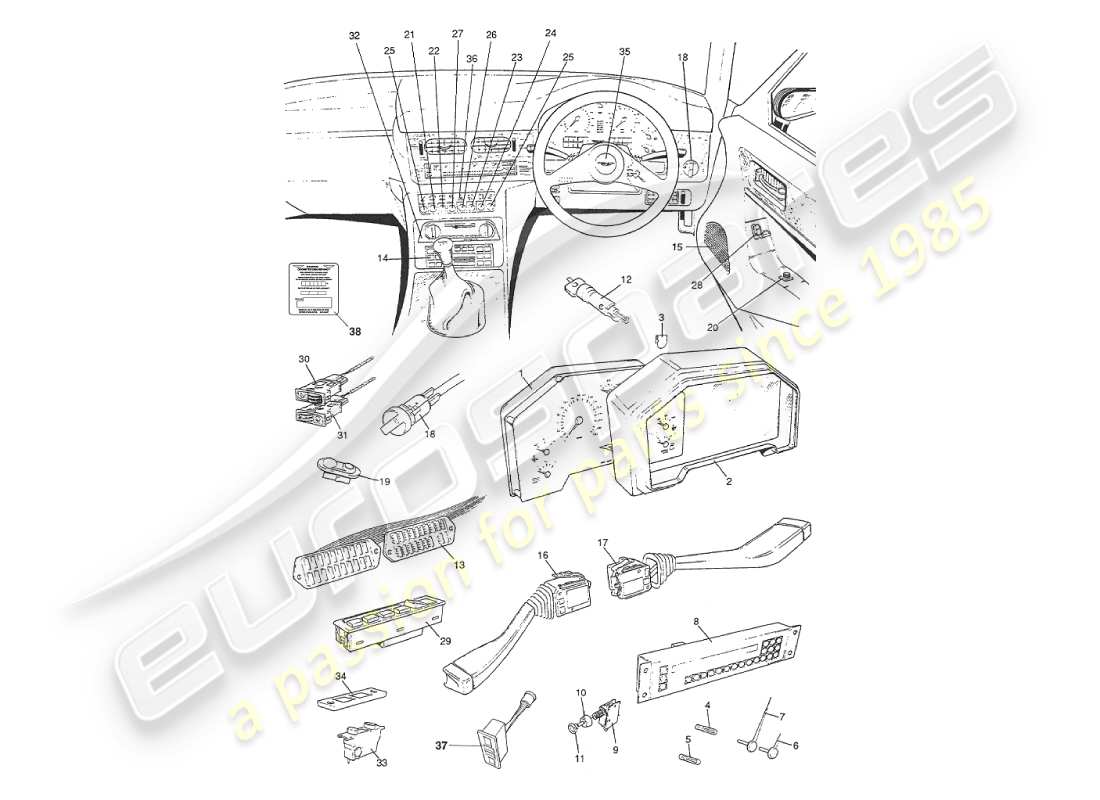 aston martin v8 virage (1999) instruments & controls part diagram