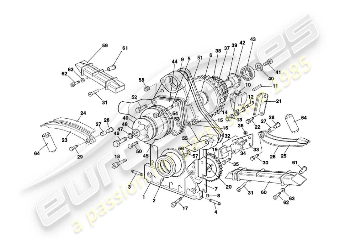 aston martin v8 coupe (1999) timing case, water pump & sprockets part diagram