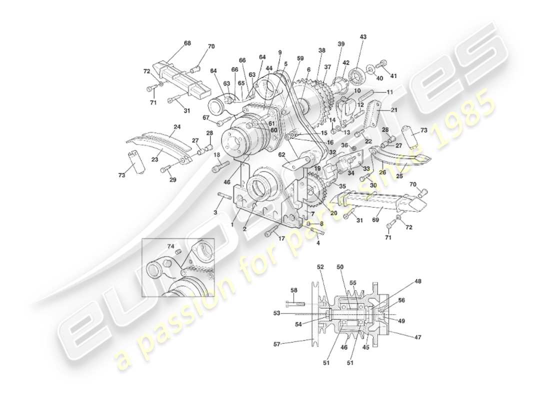 aston martin v8 virage (1999) timing case, water pump & sprockets part diagram