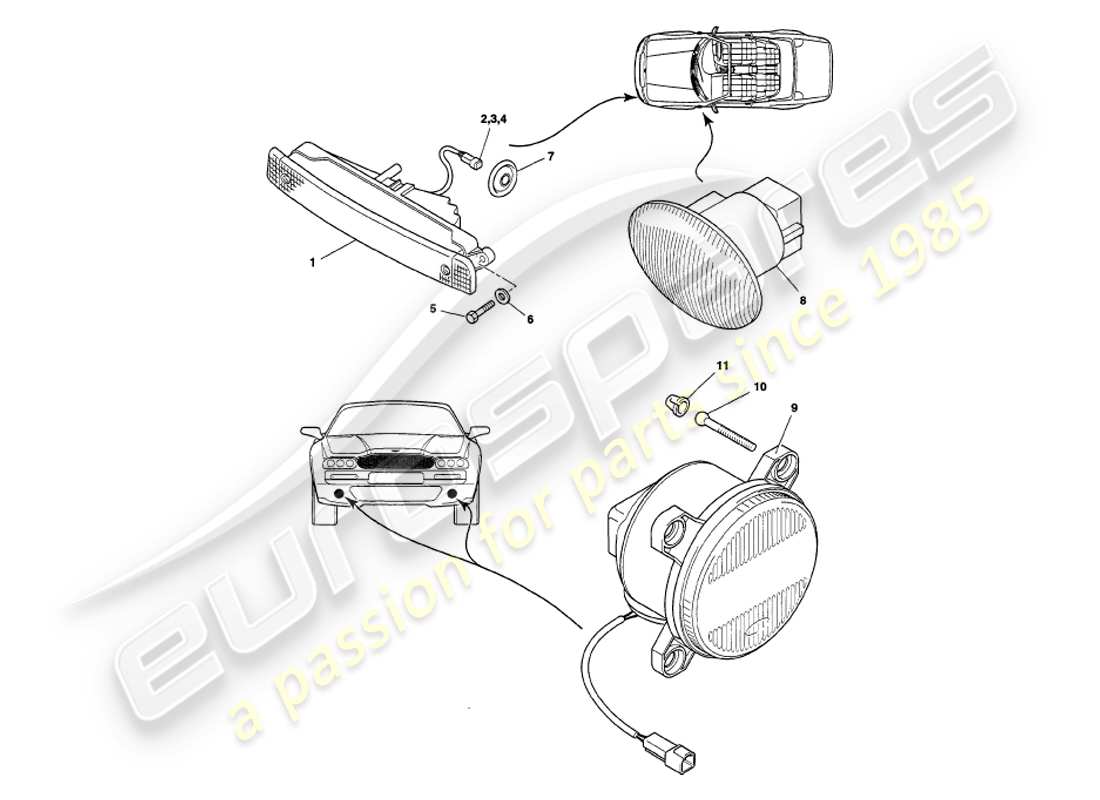 aston martin v8 volante (2000) exterior lamps part diagram