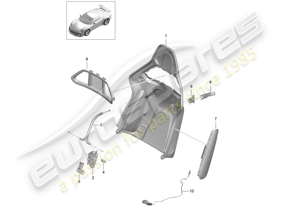 porsche 991r/gt3/rs (2020) backrest shell parts diagram