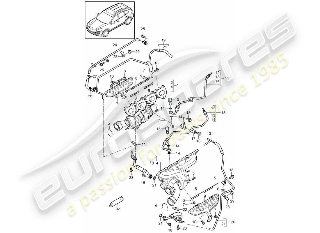 porsche cayenne e2 (2012) exhaust gas turbocharger part diagram