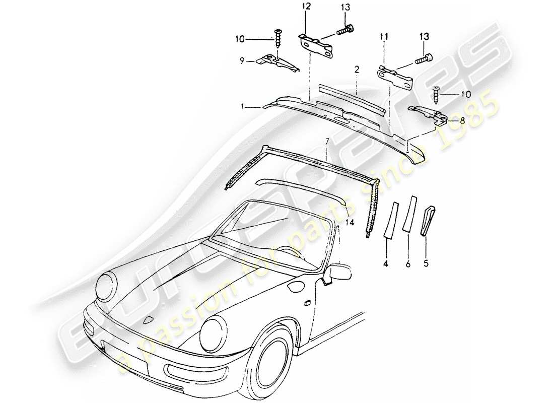 porsche 964 (1993) windshield frame - accessories part diagram