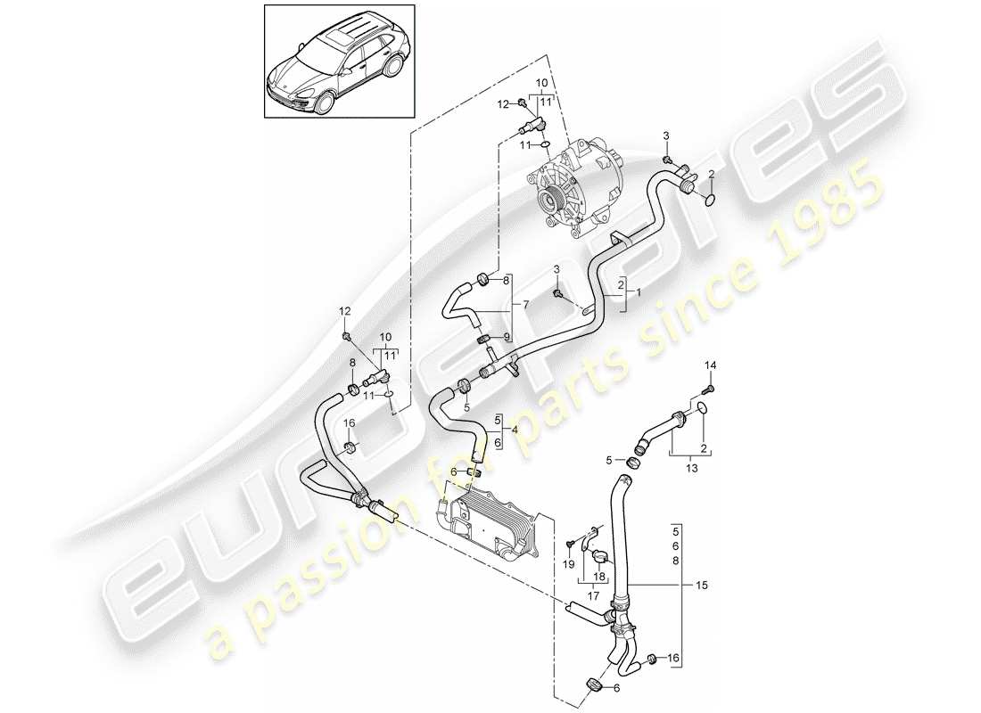 porsche cayenne e2 (2018) water cooling part diagram