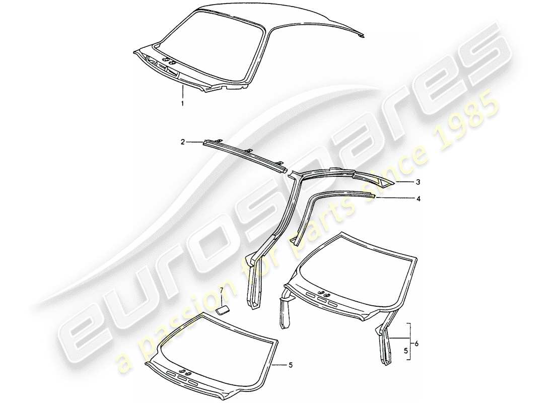 porsche 993 (1996) outer roof panel - windshield frame part diagram