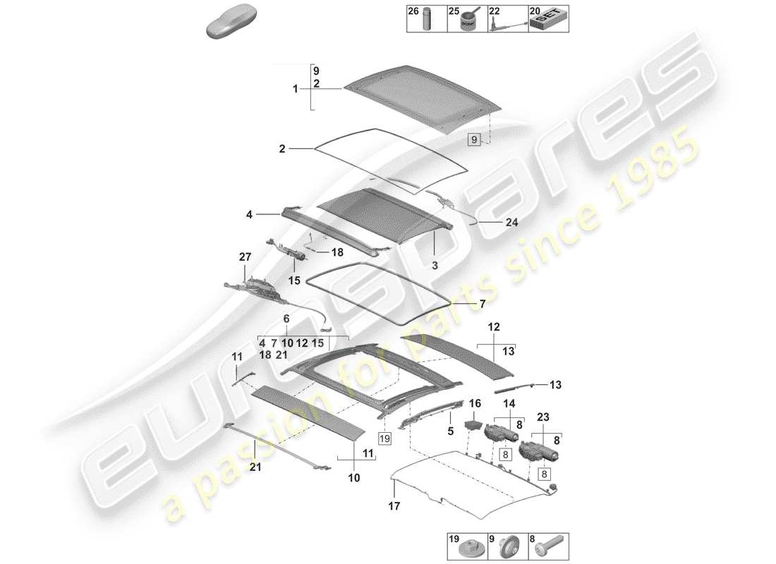 porsche 2019 glass sunroof part diagram