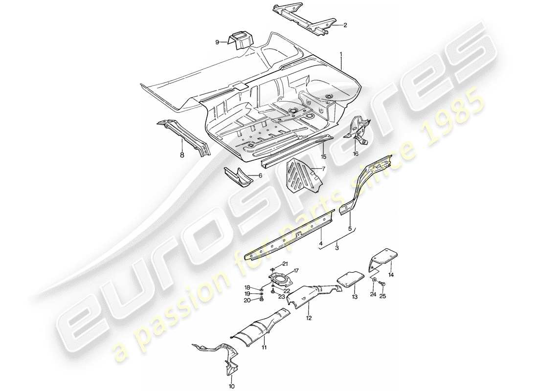 porsche 928 (1980) floor pan - frame parts diagram