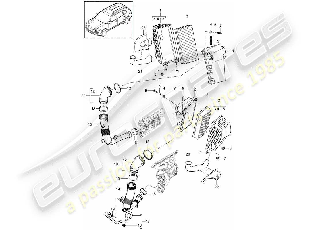 porsche cayenne e2 (2013) air cleaner with connecting part diagram