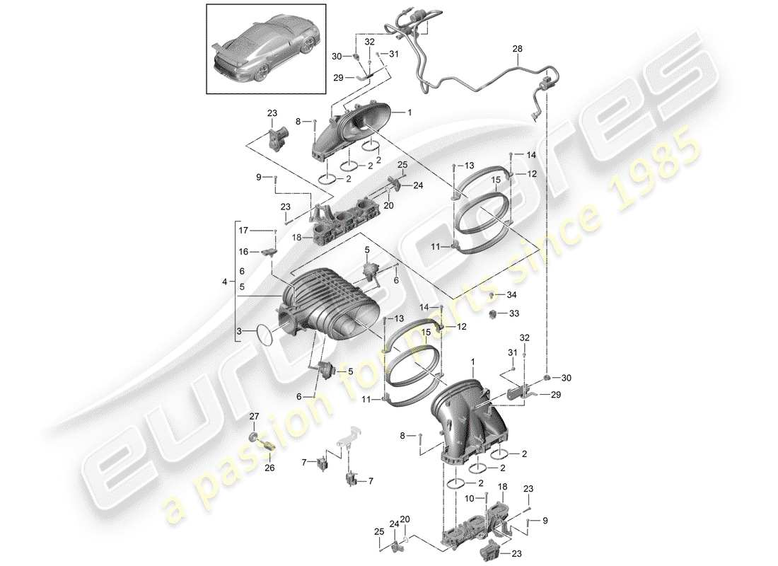 porsche 991r/gt3/rs (2020) intake system parts diagram