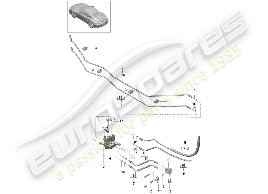 porsche 991 t/gt2rs hydraulic line part diagram