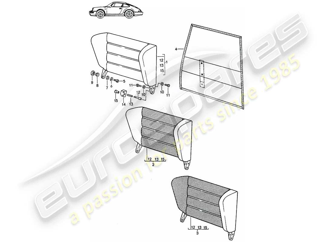 porsche seat 944/968/911/928 (1995) emergency seat backrest - with: - pull-type release - d - mj 1989>> - mj 1991 parts diagram