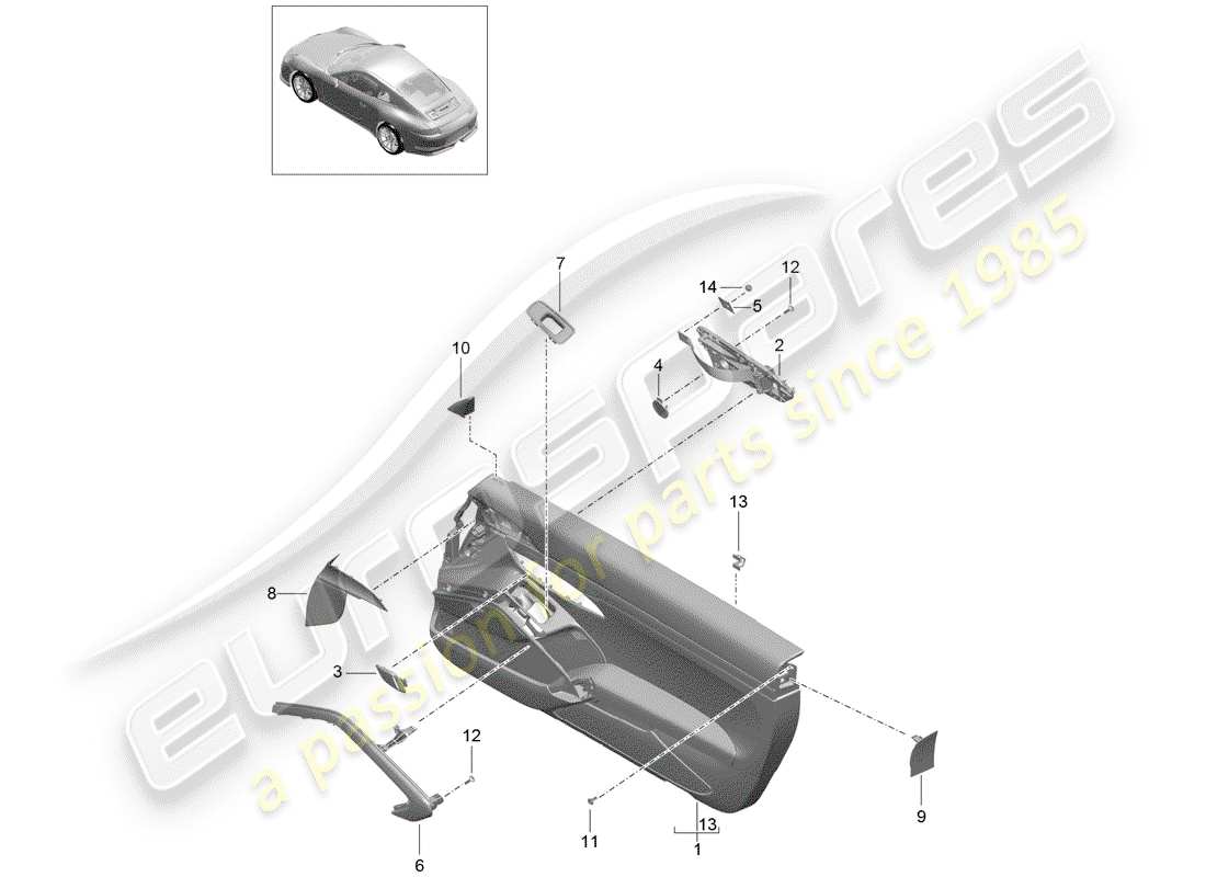 porsche 991r/gt3/rs (2020) door panel parts diagram