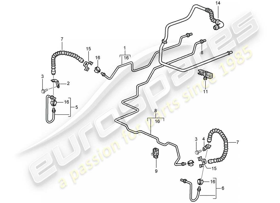 porsche 997 t/gt2 (2007) brake line parts diagram