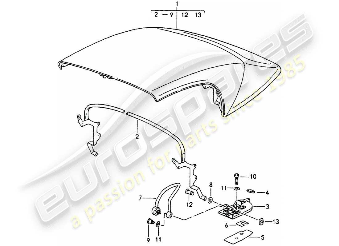 porsche 964 (1993) folding top - complete - main bow - single parts part diagram