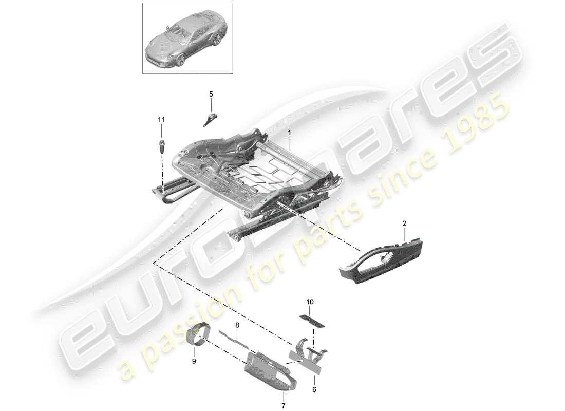 porsche 991 turbo (2016) seat frame parts diagram