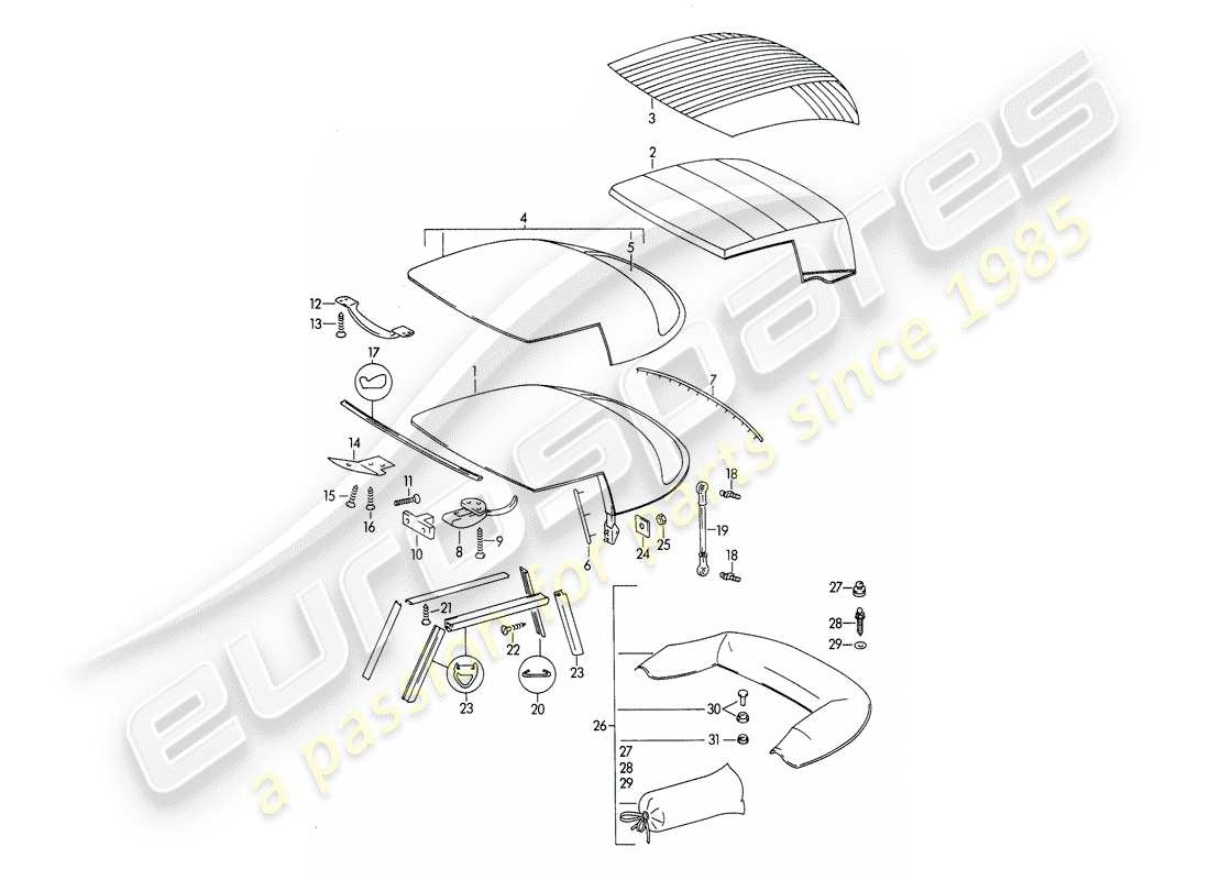 porsche 356b/356c (1960) convertible top - and - convertible top covering part diagram