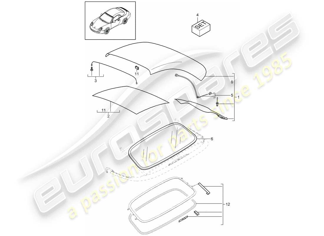 porsche 997 gen. 2 (2011) convertible top covering part diagram